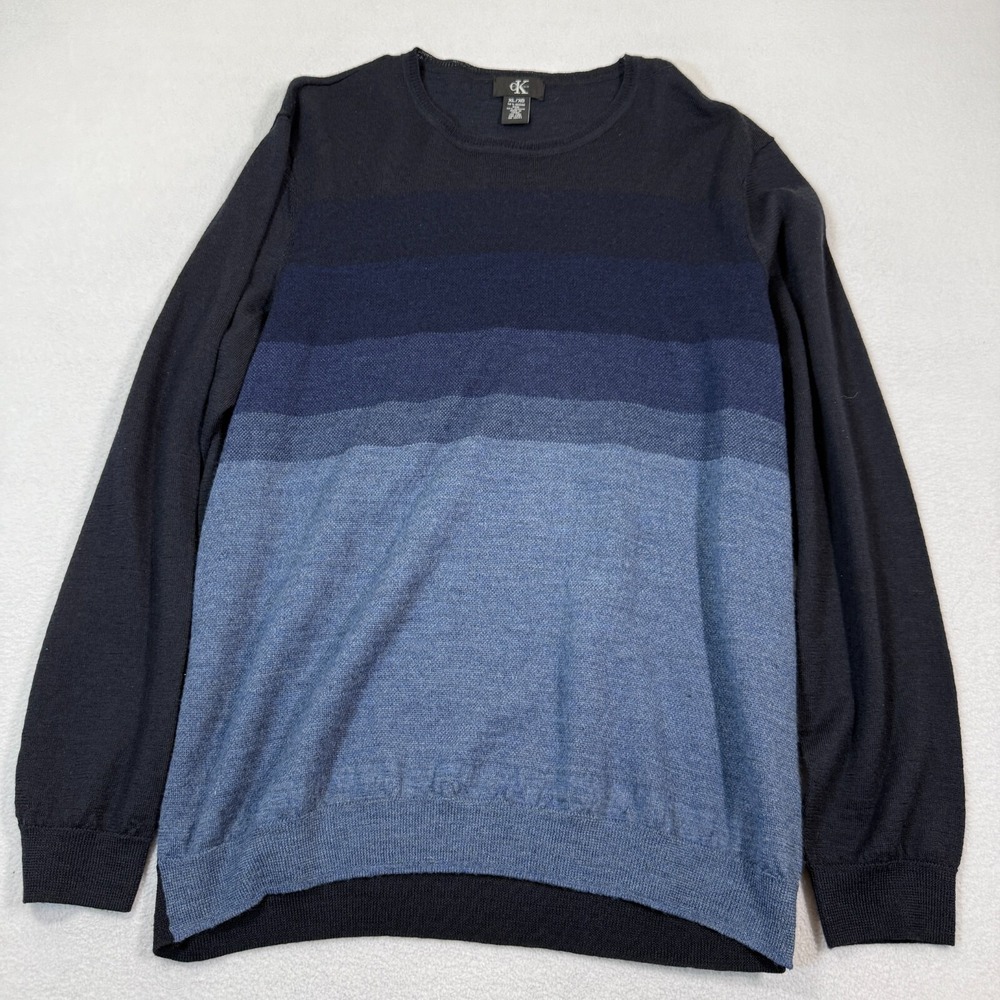Calvin Klein Sweater Men XL‎ Blue Gradient Merino Wool Blend Pullover Soft Knit